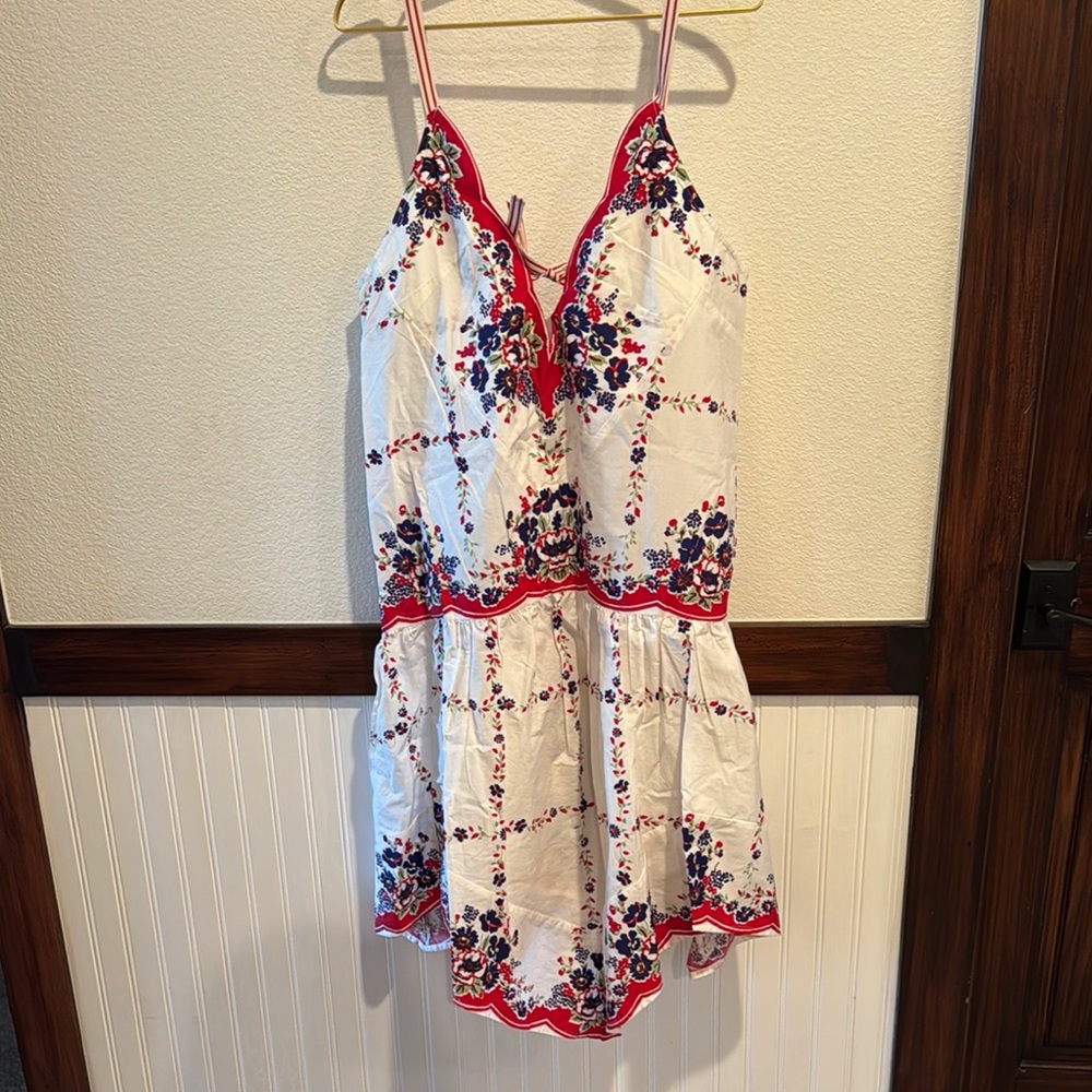 White Floral Embroidered Sundress with Red Trim